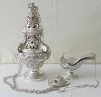 French Antique Baroque Solid Silver Thurible and Boat